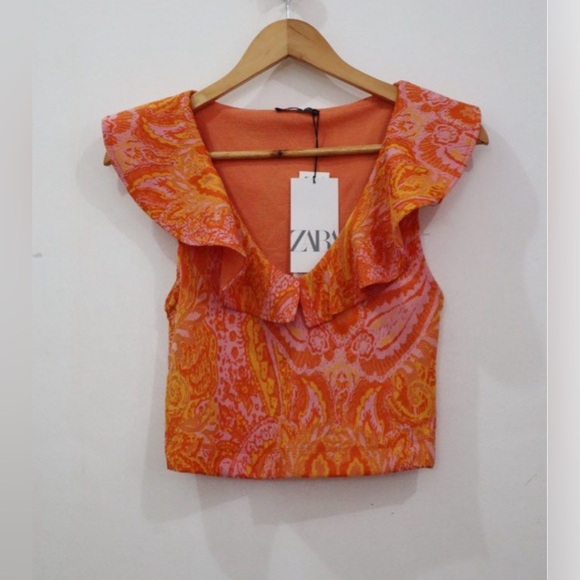 ZARA Rare Orange Pink Paisley Ruffle Crop Blouse Size L NWT Sleeveless Boho Top - Picture 5 of 8